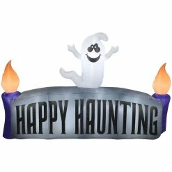 Gemmy Airblown-Ghost with Happy Haunting Sign-LG Scene