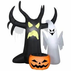Gemmy Airblown Inflatable Ghost and Tree with Jack-O'-Lantern Candy Bowl Scene